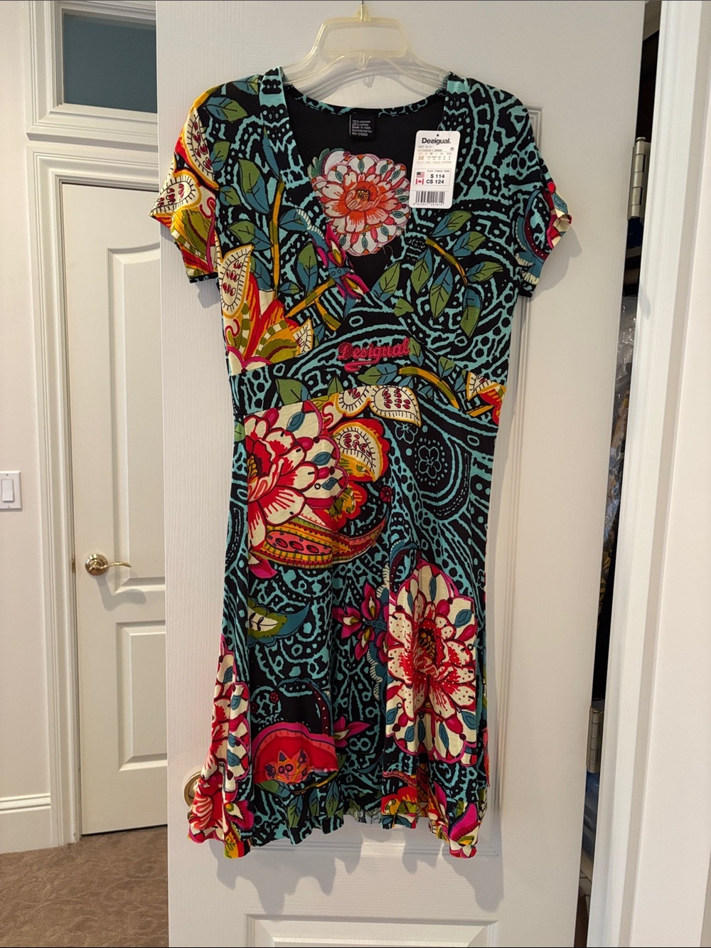 Desigual Teal Floral Short Sleeve V-Neck Dress